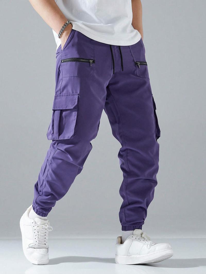 Men's Loose Solid Pocket Drawstring Waist Cargo Pants, Street Fashion Zipper Jogger Pants For Daily Wear, Casual Men's Trousers For All Seasons