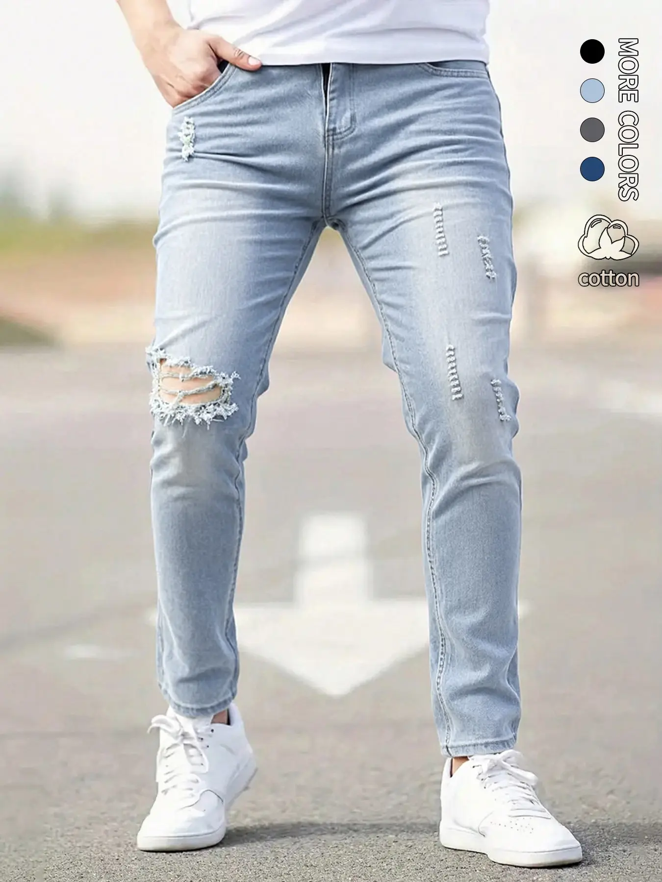 Black ripped and scuffed denim jeans for men, made of pure cotton, slim-fitting, with a small leg opening, elastic, versatile, distressed and worn-out look, slimming, casual long pants, available in multiple colors, suitable for daily wear
