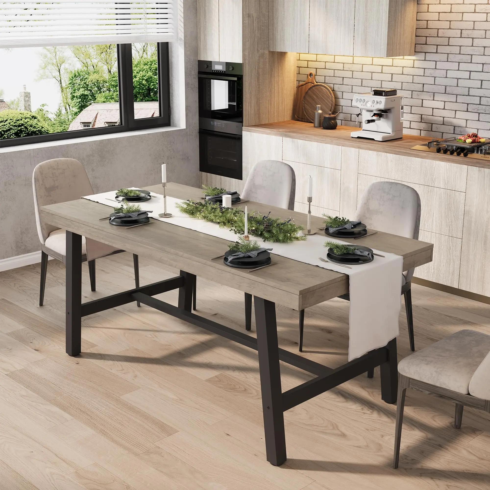 63" Dining Table for 4-6 People, Farmhouse Industrial Kitchen Table with Reinforced Steel Frame & Thick Metal Legs, 350LBS High Load Capacity Multipurpose Wooden Table for Home Dining Room Office Apartment, 55.12" Long Oppstion