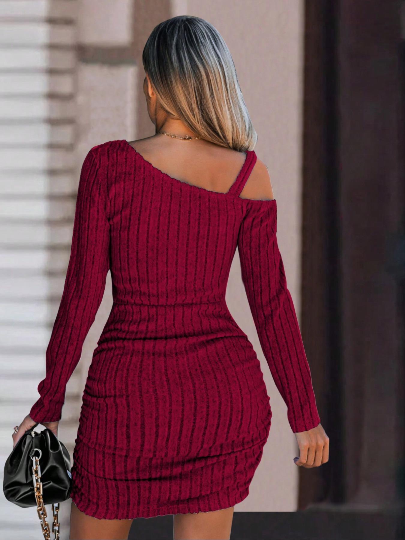 Ribbed Bodycon Dress One Shoulder Asymmetrical Mini Dress Off Shoulder Long Sleeve Sexy Knit Slim Fit Stretch Ruched Clubwear Evening Night Out Party Wear Elegant Figure Hugging Trendy Womens Autumn Winter Wine Red Mini Dress