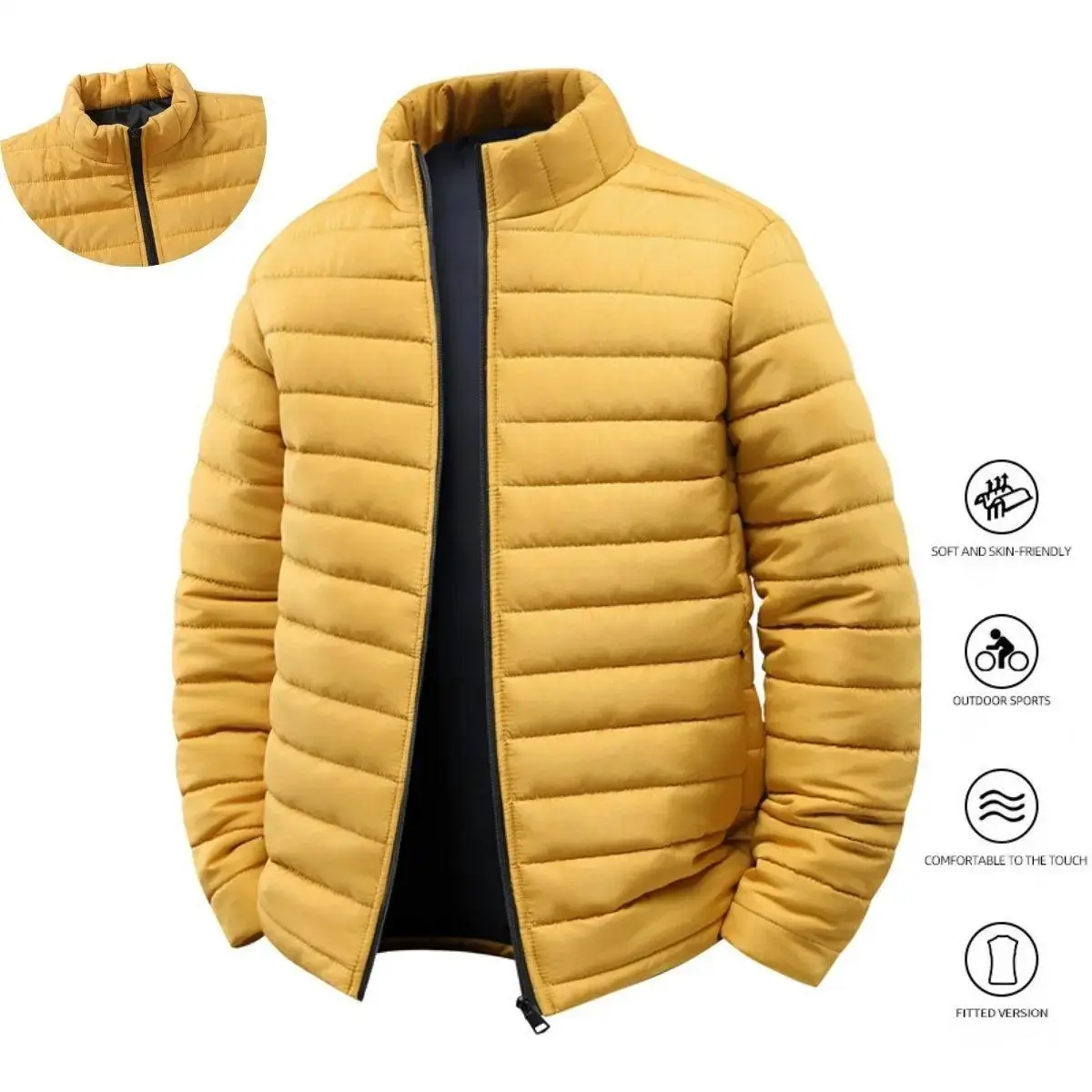 Men's Stylish Collared Neck Cashmere-Blend Fleece-Lined Windbreaker Jacket - Thick Warm Cotton Plain Zipper-Front Medium-Length Winter Tops, Black Unisex Casual Outerwear for Couples