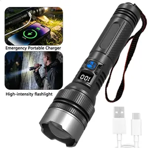 High Lumen Rechargeable LED Flashlight with Power Bank, Digital Display, Zoomable Tactical Waterproof Flashlights, Compact Emergency Light Torches, LED Portable Torches + Portable Storm Lantern for Camping, Emergency Use