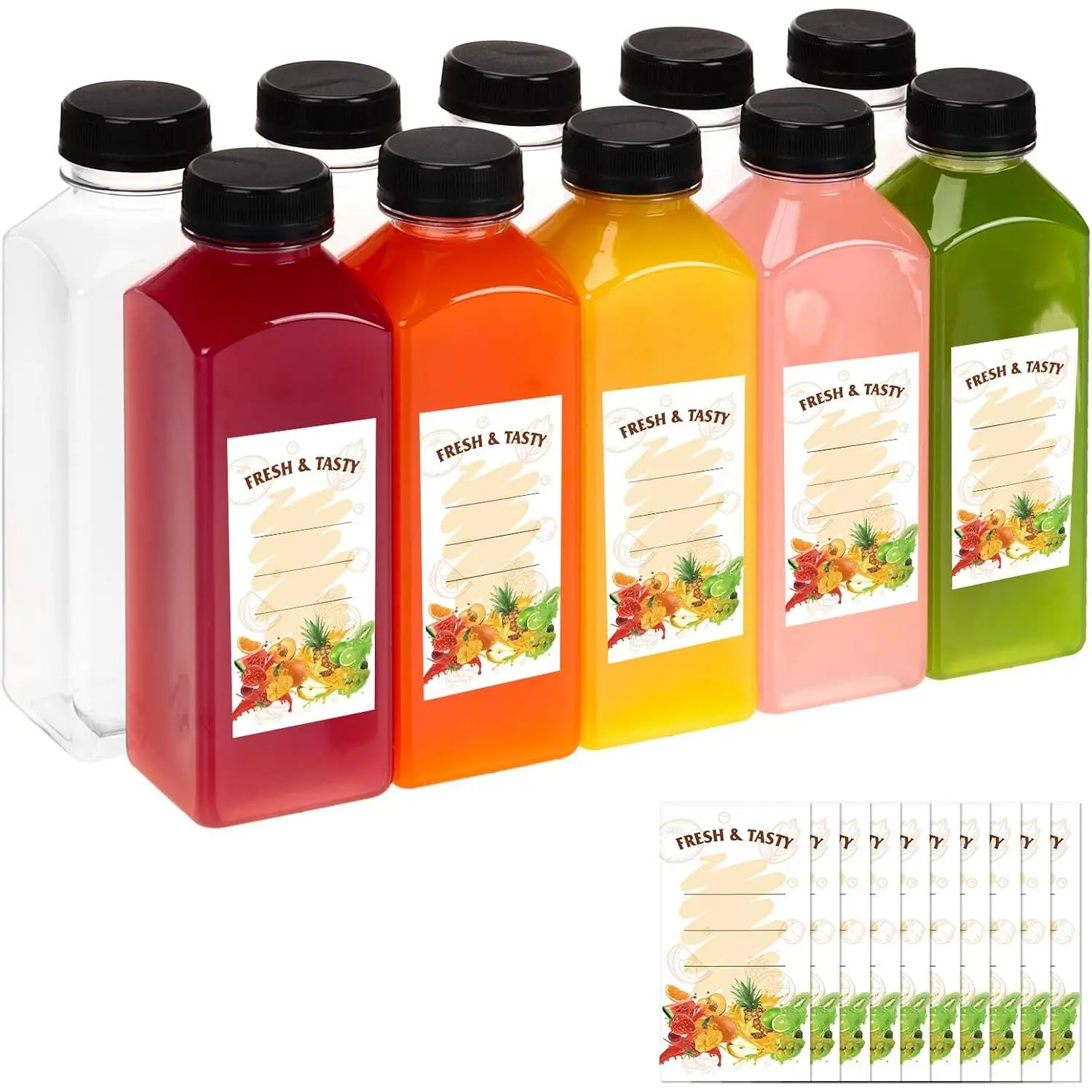 10 count 16oz Empty Plastic Juice Bottles with Caps, Plastic Water Bottles with ,  Clear Bulk Beverage Juice Containers for Milk and Other Beverages