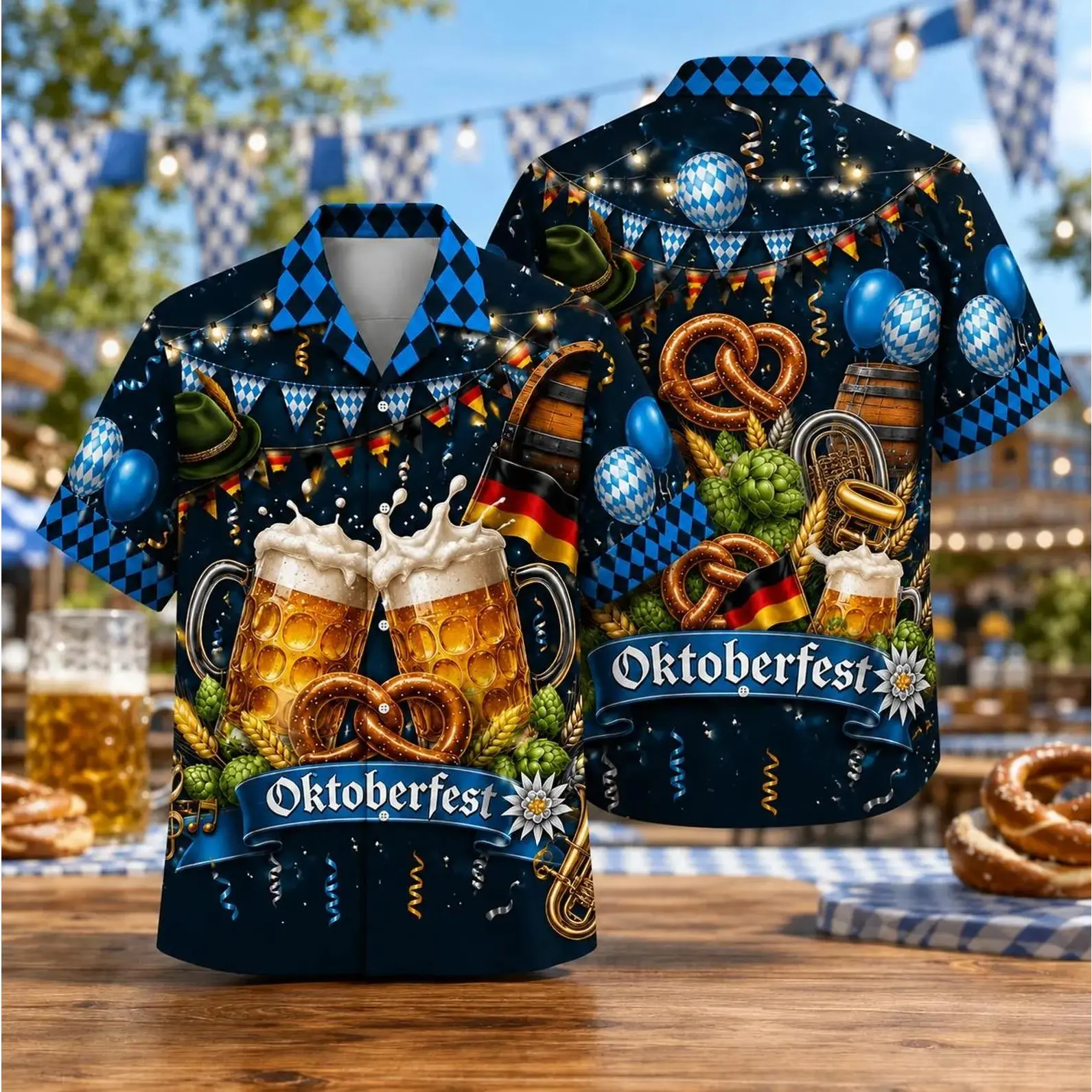 Men's Short Sleeve Button Down Shirt Dark Blue Oktoberfest Beer Mug Pretzel Print Festival Party Summer Casual Top