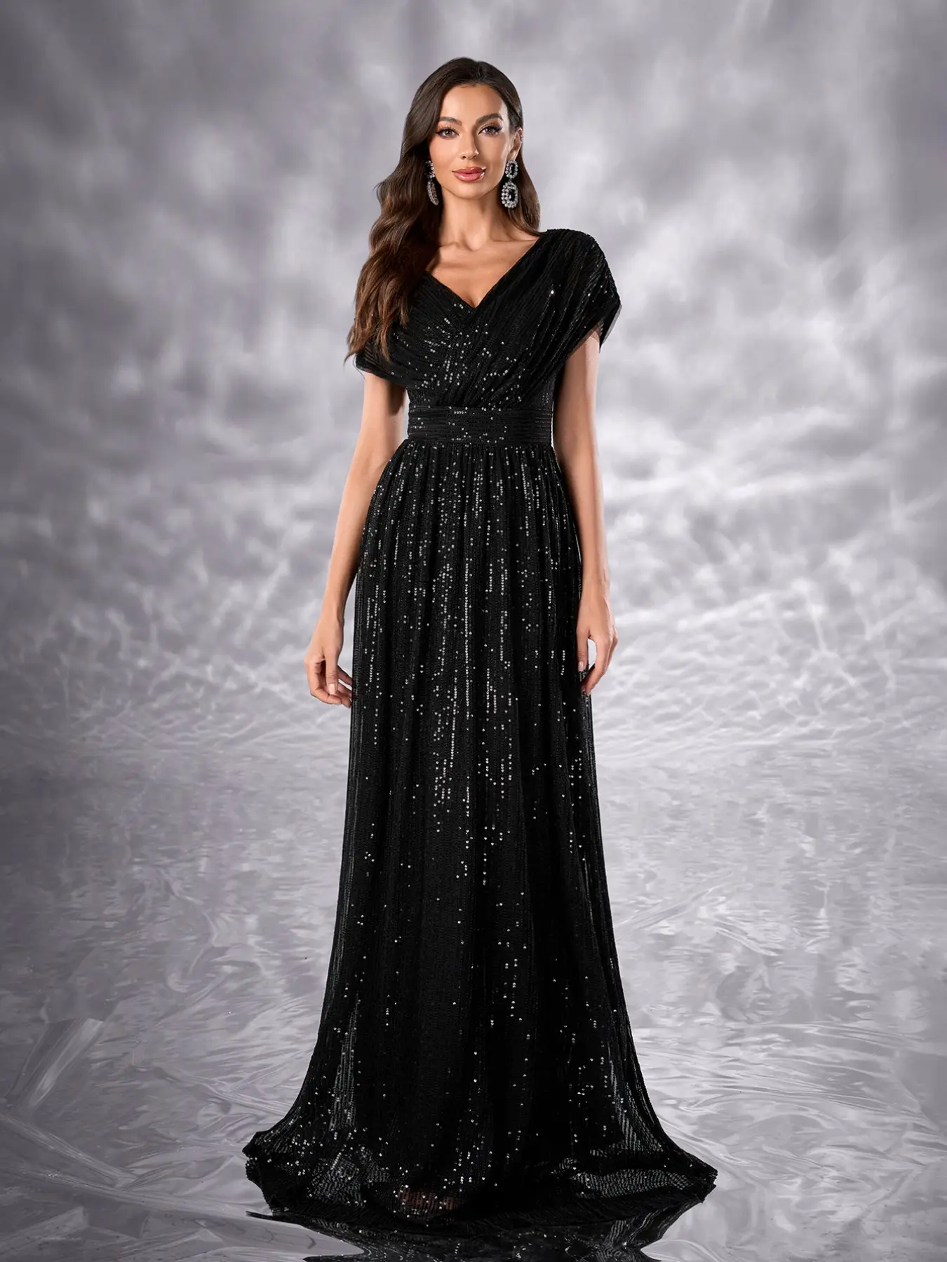 Women's Ball Gown Evening Dress, Shiny Elegant Double V Neck Pleated Dress, Perfect for Formal Events, Glamorous Nightwear, Evening Party Gown