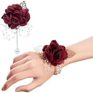 Rose Wrist Corsage Boutonniere Set,Wrist Flower Corsage Wristlet Band Bracelets and Men's Boutonniere for Wedding Flowers Accessories Prom Suit Decor