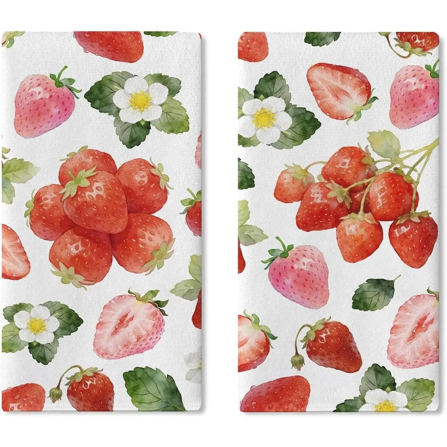 Watercolor Strawberry Kitchen Dish Towels Set of 2, Spring Summer Fruit Flower Drying Hand Towel Baking Cooking Cloth, Floral Farmhouse Bathroom Home Decoration 16'' x 24''