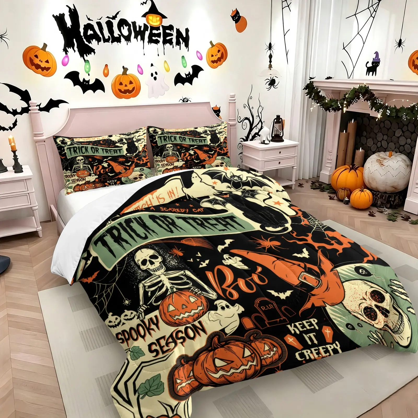 American Collage Halloween Comforter Set, Retro Pumpkin Skull Witch Print All-Season Bedding,Fluffy Warmth With Silk Cotton Filling, Multiple Sizes Available, Gothic Home & Halloween Party Decor, Spooky Themed Gift