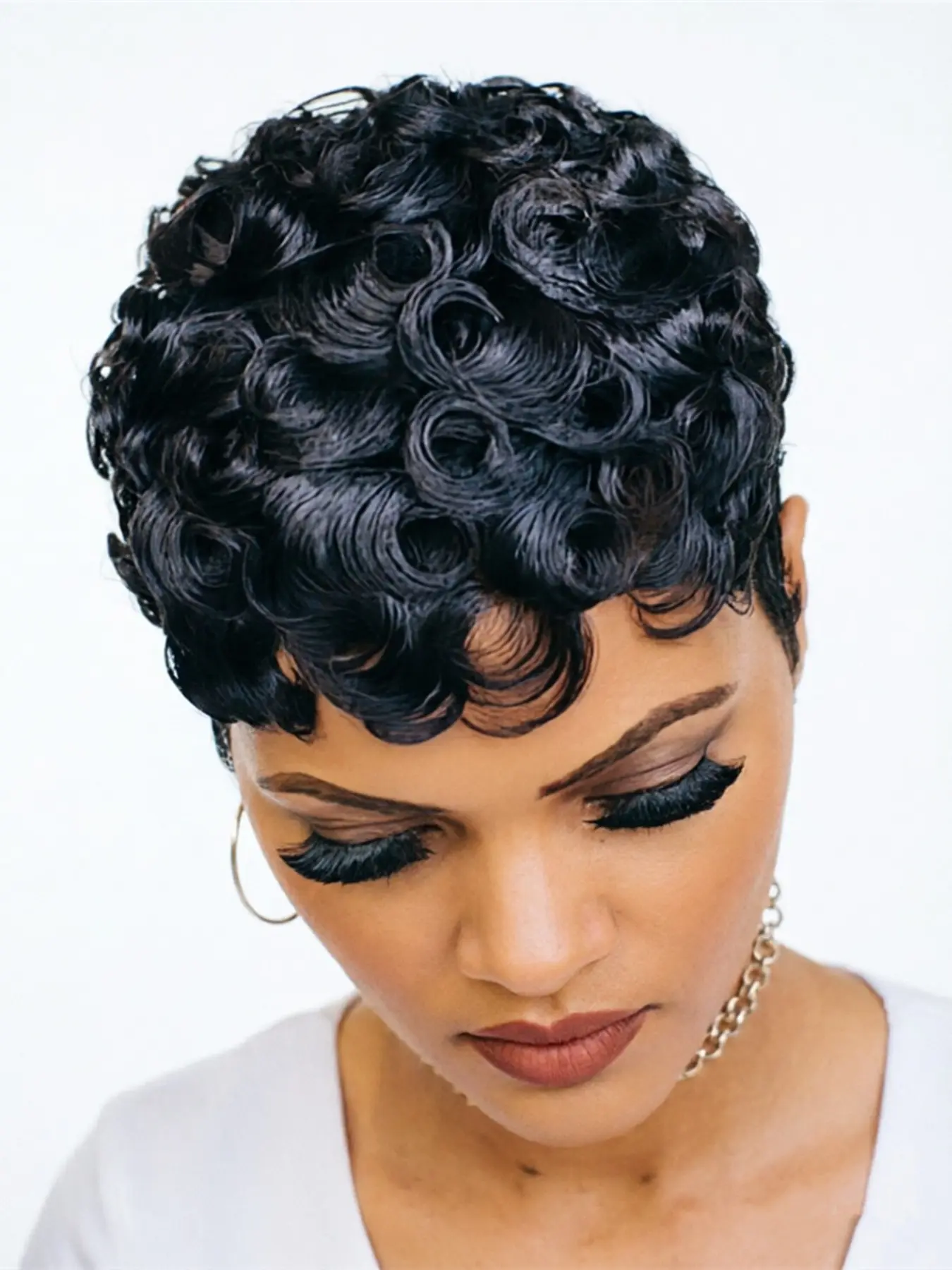 Pixie Human Hair Pixie Cut Wig, Short Curly Wavy Wig with Bangs, Natural, Rose Net Cap, Elegant Style for Women