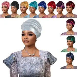 2 in 1 Pre-Made Auto Gele Turban Hat Shiny Plastic Steel Crinkle Fabric Floral Rhinestone Nigerian Head Wrap for West African Women Party Church Headwear