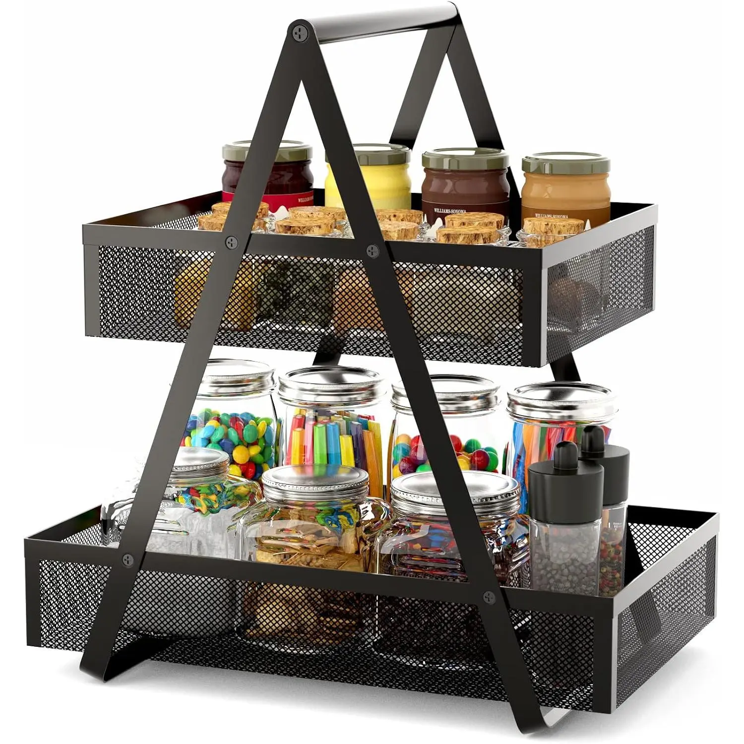 Tiered Snack Organizer Countertop: 2 Tier Kitchen Counter Organizer | Sturdy Rust-Resistant Metal 2-Tier Basket, Mesh Keeps Items Secure, Easy-Clean Portable, Fits Pantry, Office, Coffee Station