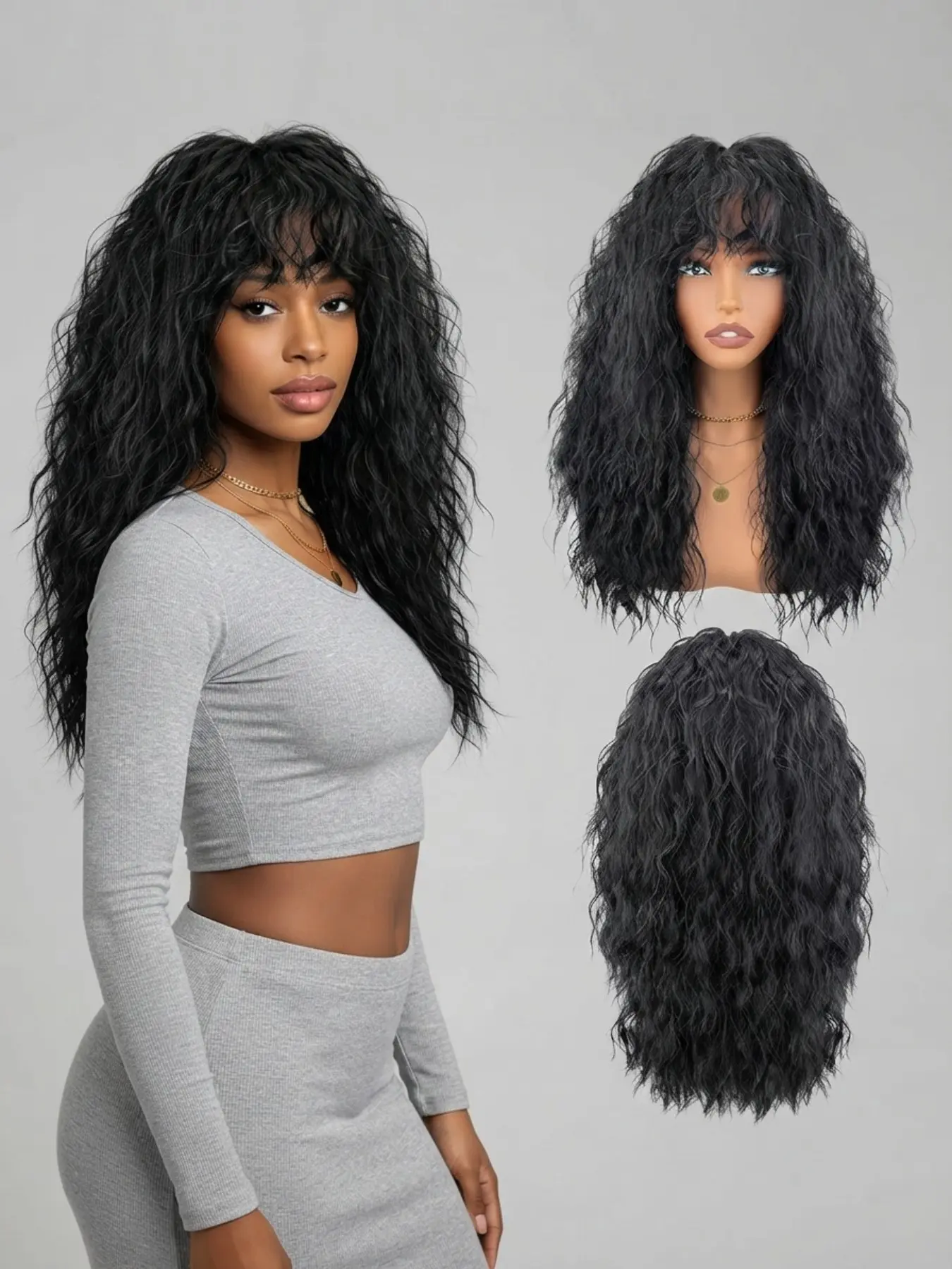 Long Kinky Curly Synthetic Wig with Bangs, Voluminous Deep Wave Curl, Heat Resistant, Glueless, Adjustable Cap, Cosplay Party Use