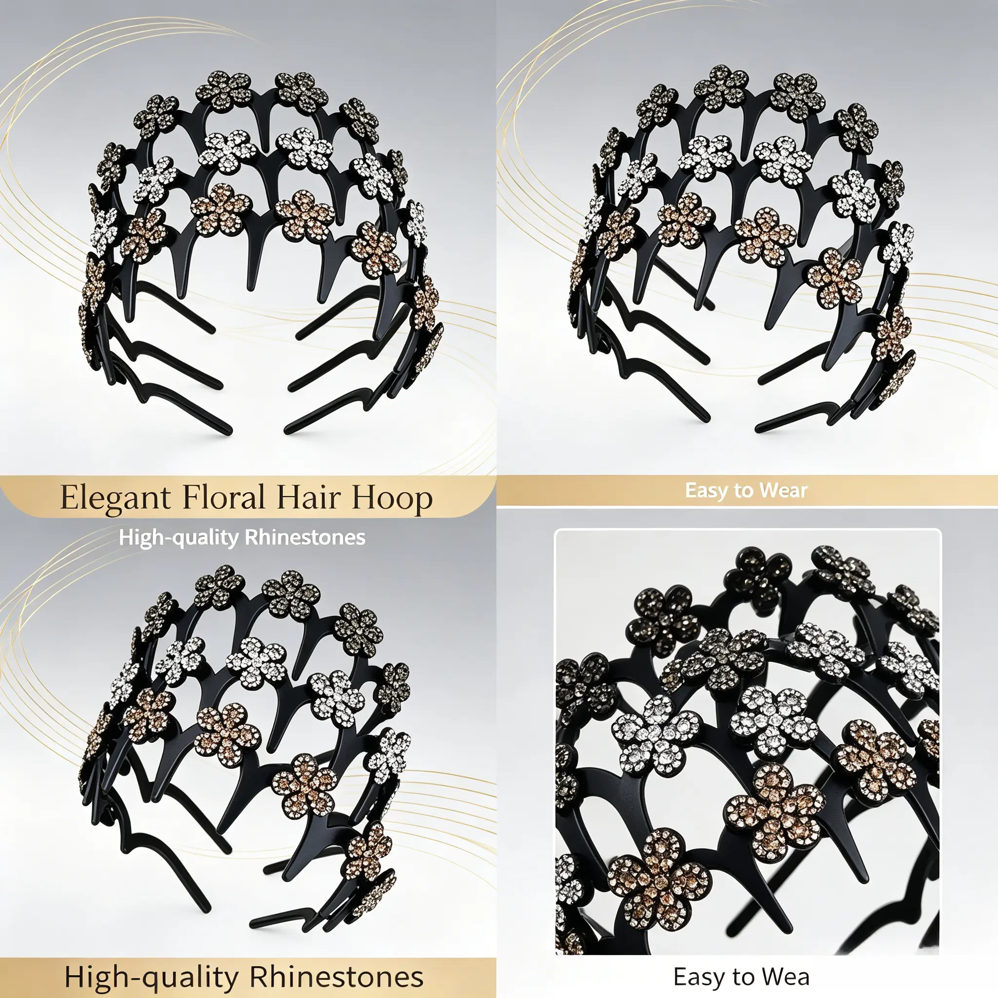 Wavy Crystal Accent Headband Set, Unisex Non-Slip Hair Band for Daily Looks & Wedding Events