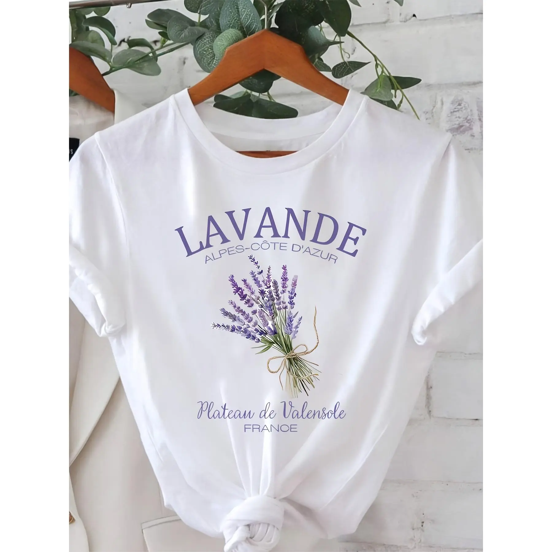 French Lavender Bouquet Print Women'S Spring - Summer Short-Sleeve Crew-Neck Casual T-Shirt| Romantic Trip, Daily Outing, Festival Gift