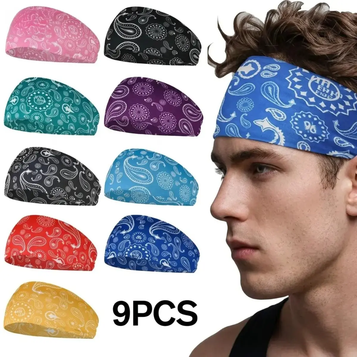9-Pack Wide Paisley Bag Accessory & Athletic Head Wrap for Men & Women, Streetwear Style Elastic Sweatband for Yoga, Elastic Sweatband Headband, Training Headband, Headbands