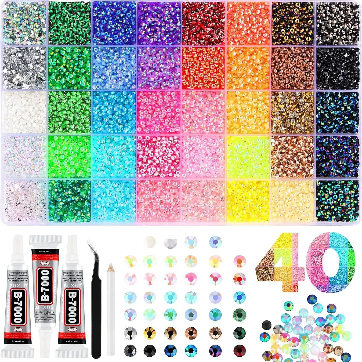 40000Pcs DIY Jelly Rhinestones synthetic beads With Kit for Bedazzling 3mm Multicolor synthetic beads Resin Flatback beads for Art Bedazzler Kit for Crafting Book Shoes Nail Art adhesive