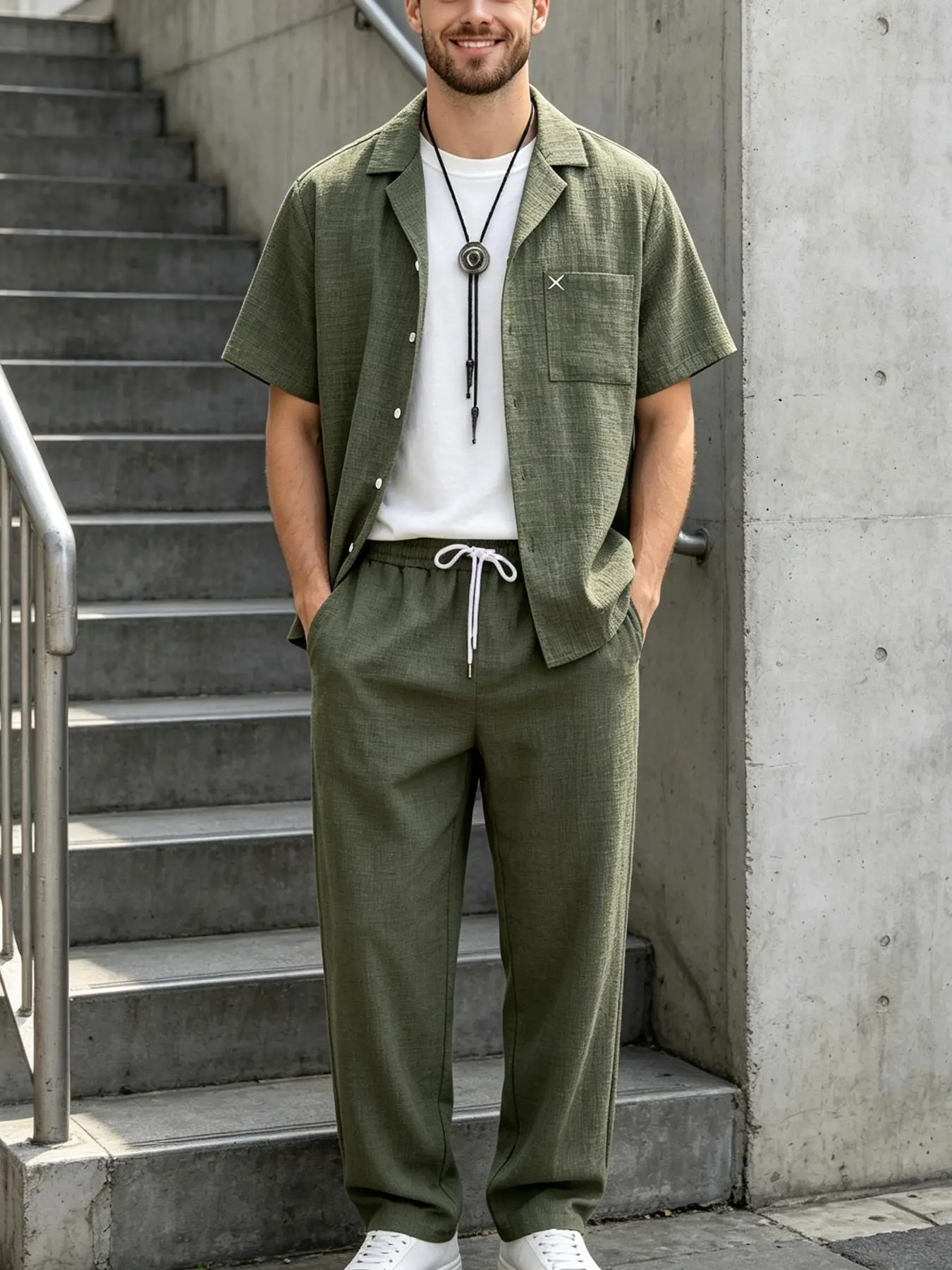 Vintage Olive Green Textured Home Outfit Two Piece for Men, Notch Collar Short Sleeve Button Shirt With Cross Stitch Chest Pocket, Elastic Waist Drawstring Long Trousers, Light Breathable Linen-Like Fabric Pajama Set For Indoor Naps, Working From Home And