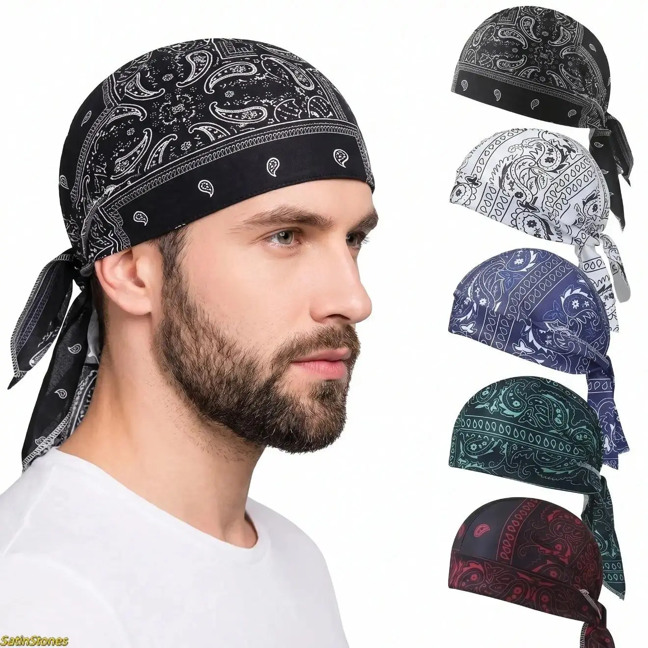 5-Pack Paisley Print Bandana Set | Adjustable Tie-Back Headwraps | Breathable Cycling Skull Caps & Helmet Liners | Unisex Pirate-Style Sports Headwear summervibes,summervibes Multifunctional Value Pack Lumina Accent Co.