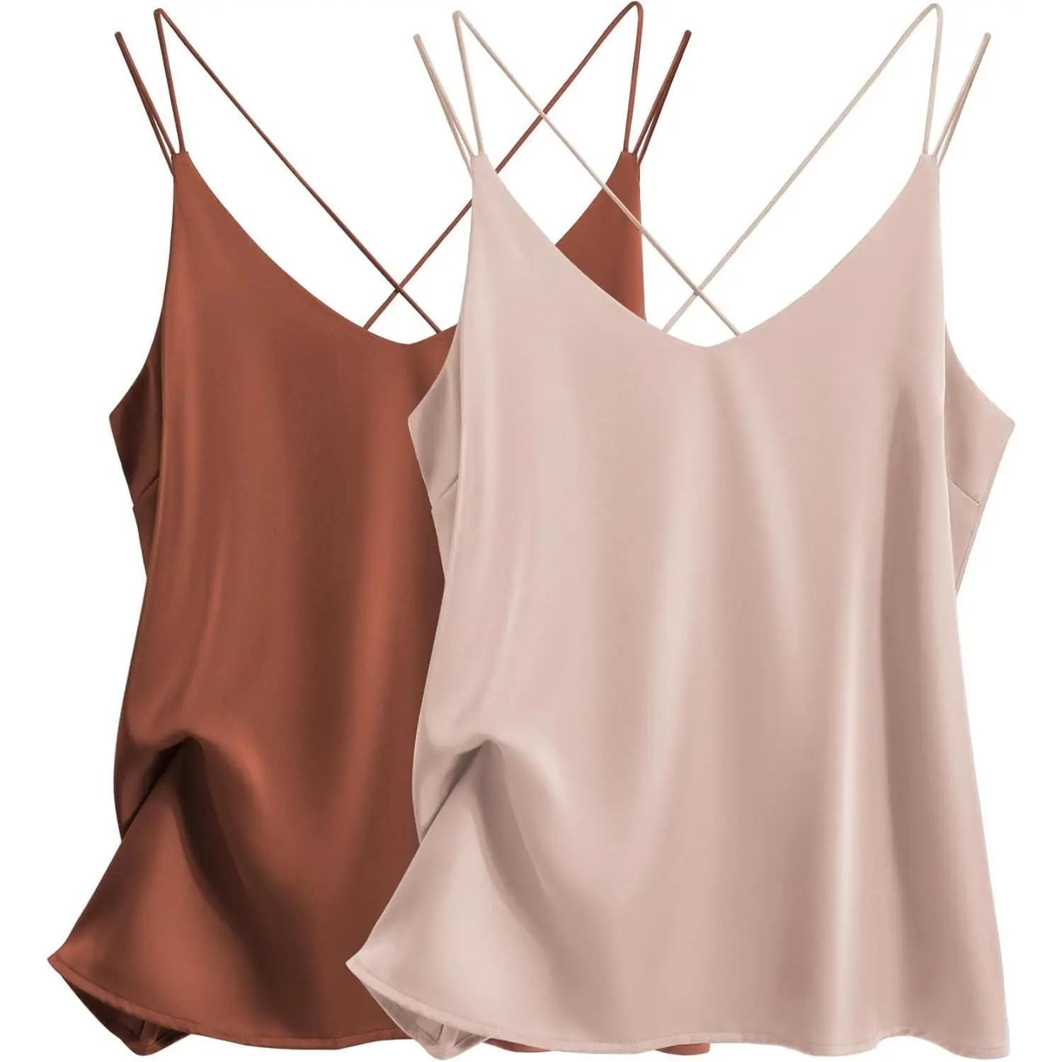 Womens 2-Pack Silk Satin Camisole Tank Top V Neck Sexy Cross Back Spaghetti Strap Cami Sleeveless Lounge Tops S-XXL