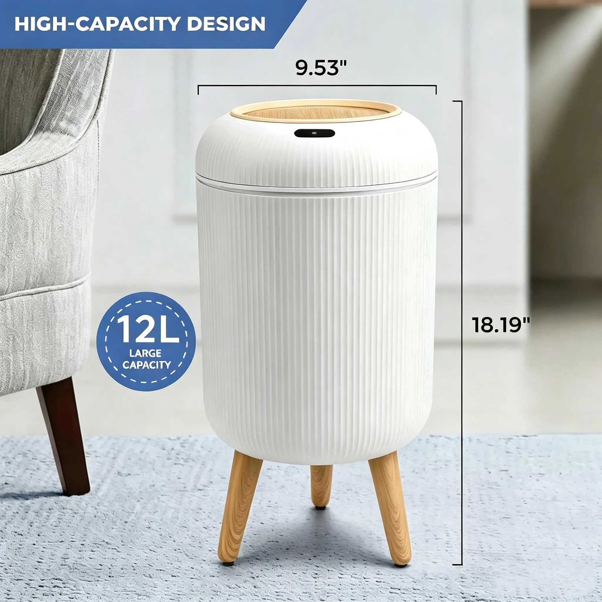 Infrared Sensor Automatic Open Trash Can With Non Slip Wooden Legs Large Capacity Home Bathroom Bedroom Odor Proof Bin