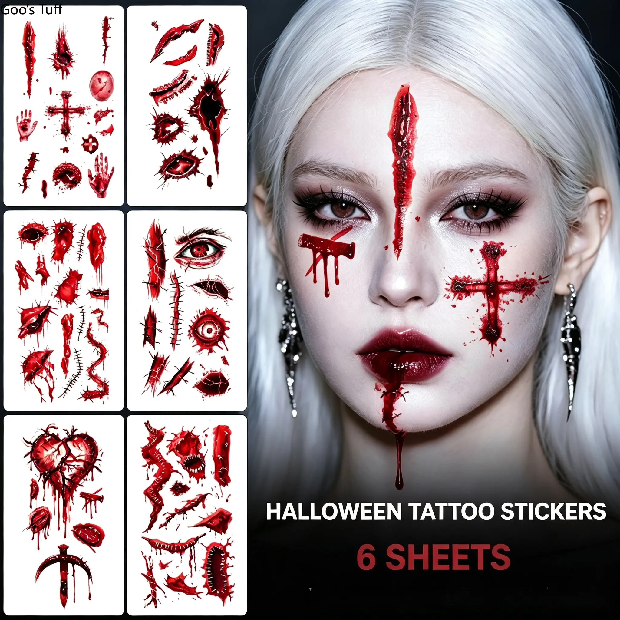 Halloween 6-Sheet Temporary Scar Wound Tattoo Stickers, Waterproof Disposable Horror Bloody Fake Wound Body Decals for Party Cosplay, 6 Sheets