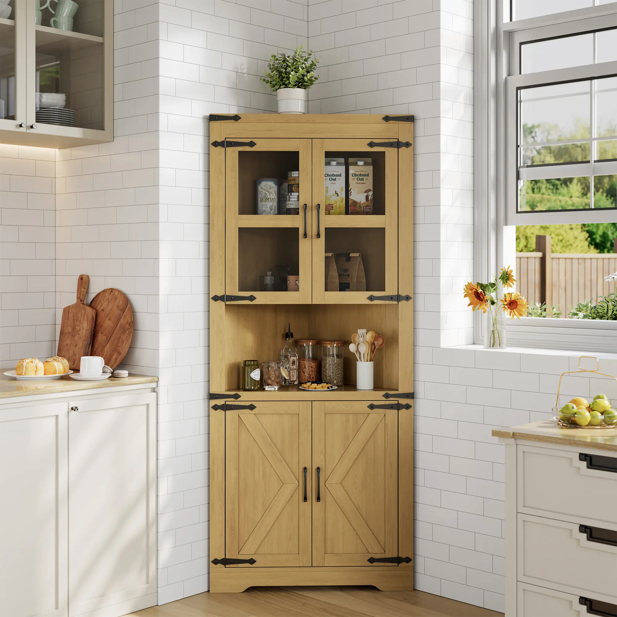 Space-Saving Tall Corner Storage Cabinet, 6-Tier Organizer Hutch with Adjustable Glass Shelves and Doors, Perfect for Living Room, Kitchen, Bathroom, or Hallway