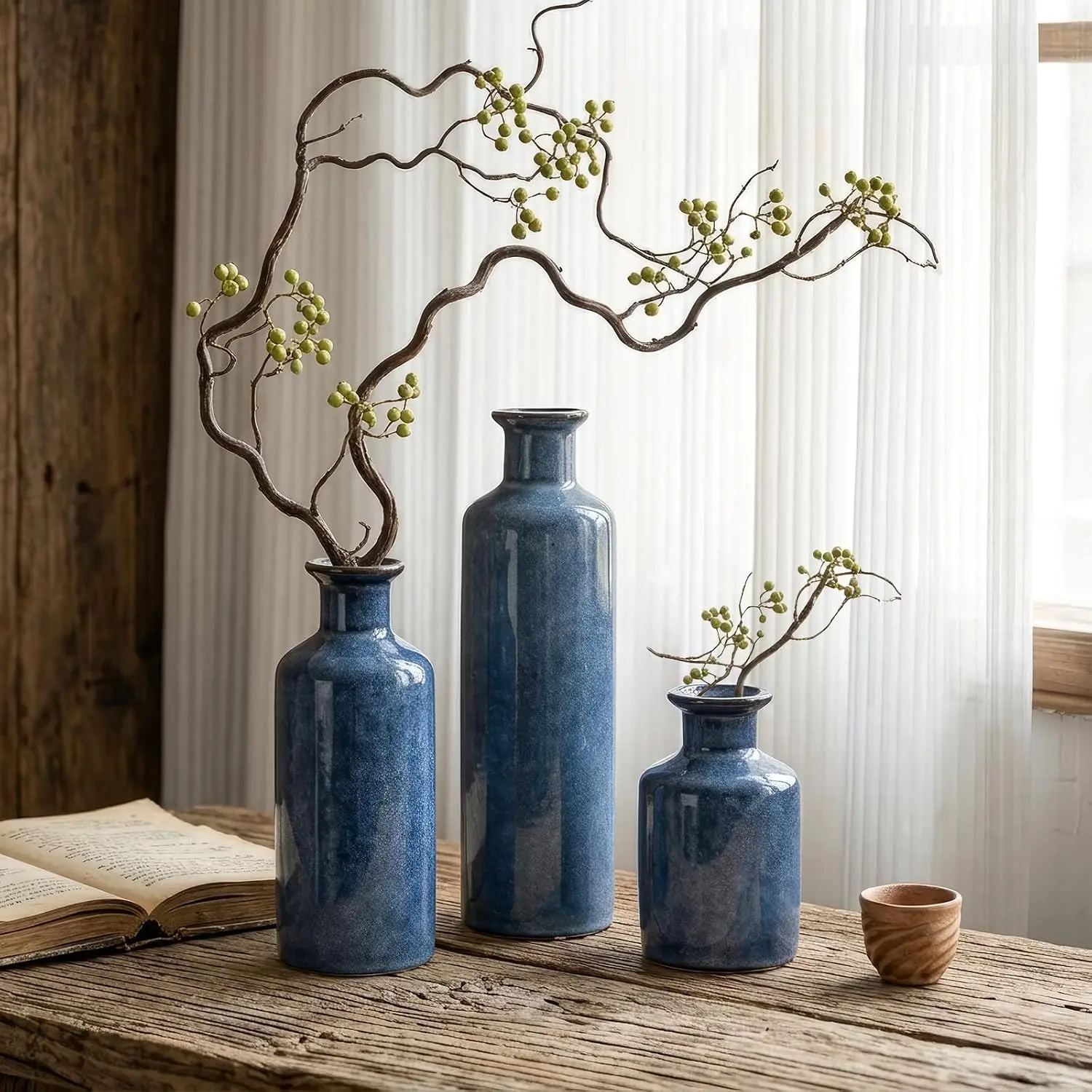 Ceramic Vase Set of 3, Deep Blue Glazed Bud Vases for Home Decor, Modern Farmhouse Decorative Blue Vases for Flowers, Table Centerpiece Set for Dining Room Living Room Kitchen Shelf Mantel