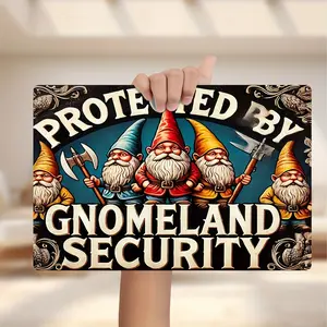 1pc Vintage Metal Tin Sign - "Protected by Gnomeland Security" Funny Gnome Wall Decor, Retro Iron Art Home Decoration, Indoor/Outdoor, Garden, Office Use - No Electricity Needed, Unique Gnome Theme Art Crafts, Durable Material Holiday Gift