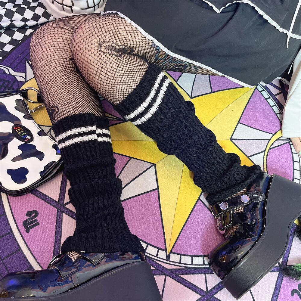 KOSAHIKI Lolita Socks Goth Striped Knit  Girl Leg Warmers Women Japanese  Harajuku Winter Boot Cuffs Legs Cover