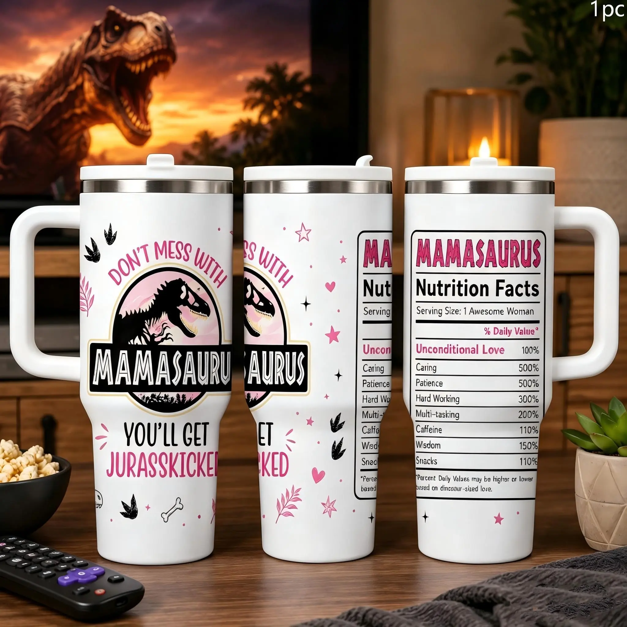 1PC 40oz Mamasaurus Dinosaur Mom Nutrition Facts Insulated Tumbler with Handle & Leak-Proof Lid, Double Wall Vacuum Travel Mug, Hot 12H Cold 24H, Large Capacity Cup, Mother’s Day Birthday Gift for Mom
