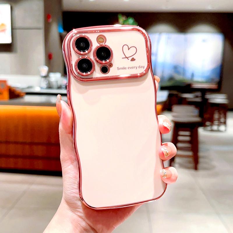 OREKROY [FreeShip] Cute Wave Shape with Love Heart Raised Camera Protection Phone case For iPhone 16 15 14 13 1211 Pro Max Accessories Durable Silicone Shiny Silicone Shiny Wavy