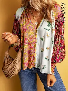 Women's Floral Print Frill Trim Shirred Notched Blouse, Chic Boho Bishop Sleeve Button Front Top for Spring & Fall, Women's Clothing for Daily Wear