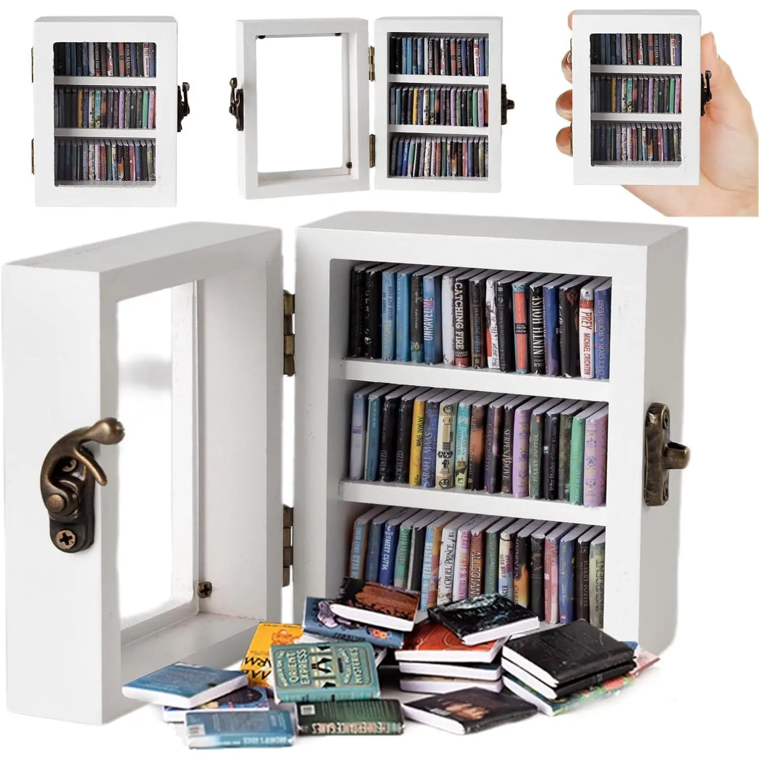 Bookshelf -Shake  Off Your Decorative Boxes,Miniature Library Equipped with 60 Mini Books Storage Box-Antique Style  Decoration(White)