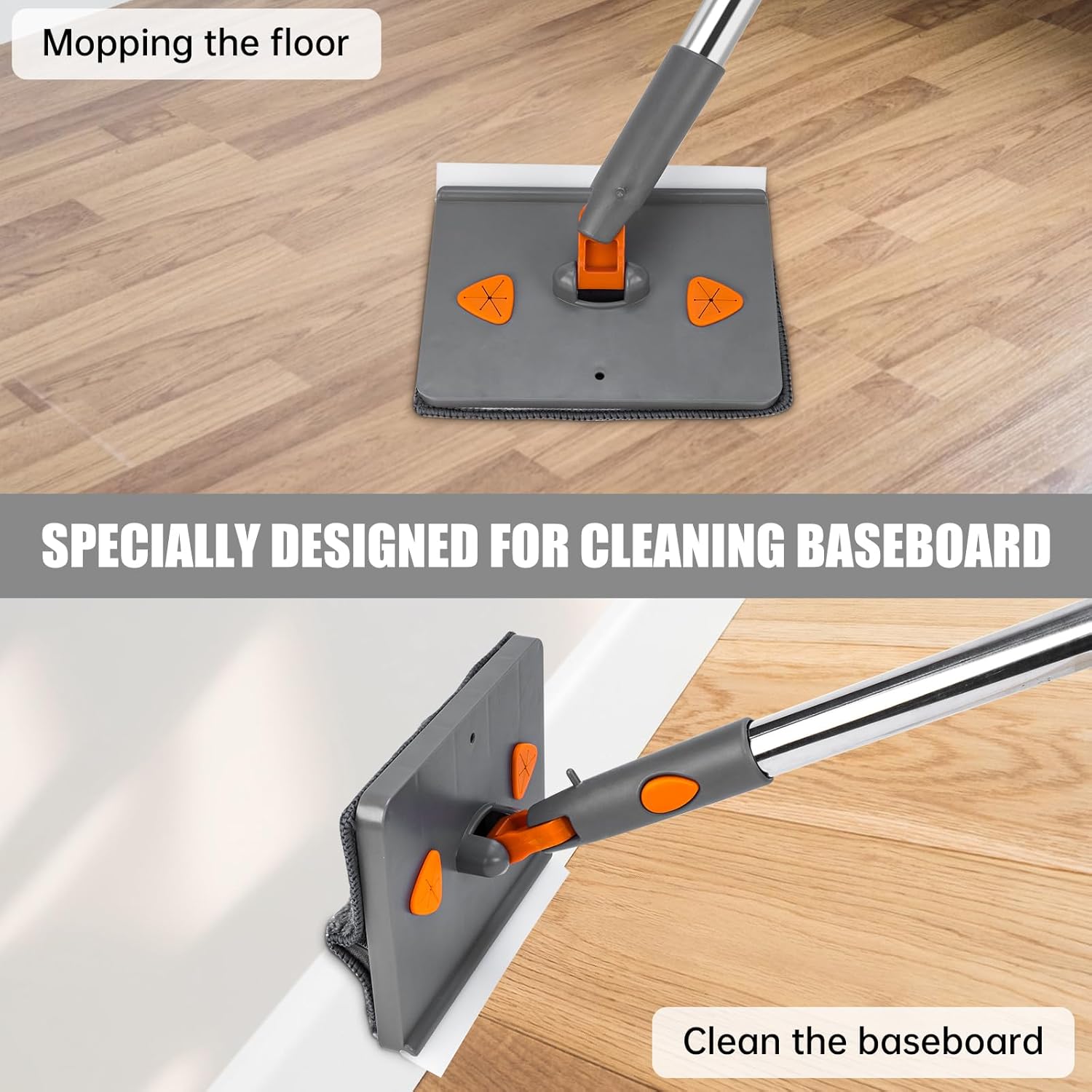 2 In 1 Baseboard Cleaner Mop Wall Cleaner Mop With Squeegee Extendable Long Handle 8 Reusable Fiber Flannel Chenille Mop Pads 360 °   Rotatable Convex Design-5161