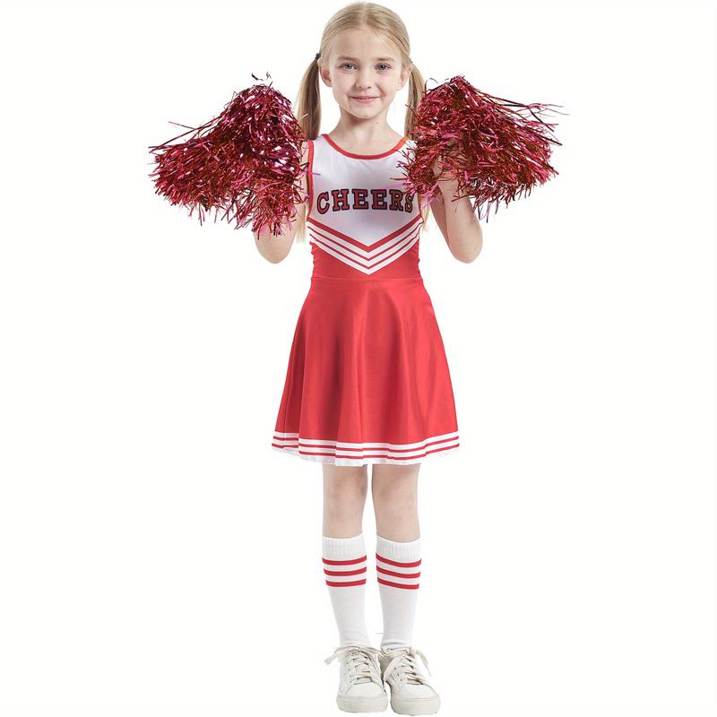 Plus Size Flyer Cheer Children'S Cheerleading Uniform Set, Kindergarten Girls' Cheerleading Uniforms, Stage Performance And Campus Cheerleading Uniforms, Including Socks And Pom-Poms, Ideal For Outdoor Activities