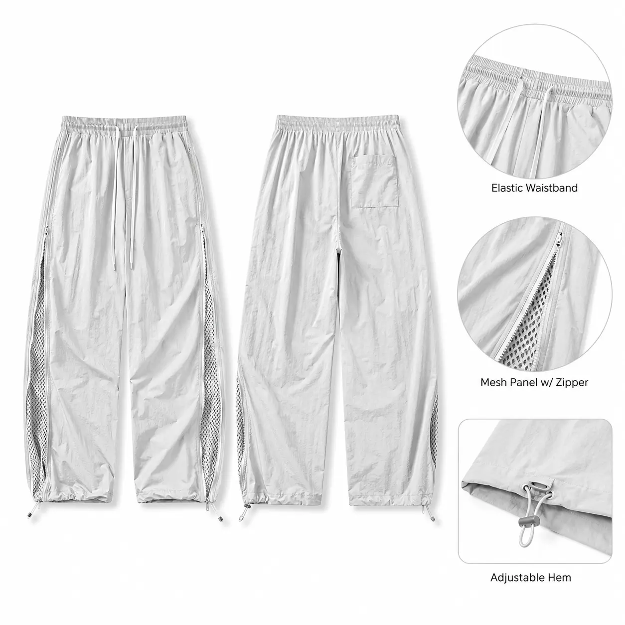 Men’s White Parachute Pants, Wide Leg Streetwear Track Pants with Side Zip Mesh Panels, Elastic Drawstring Waist, Adjustable Hem, Lightweight Crinkle Techwear Pants for Casual Everyday Wear