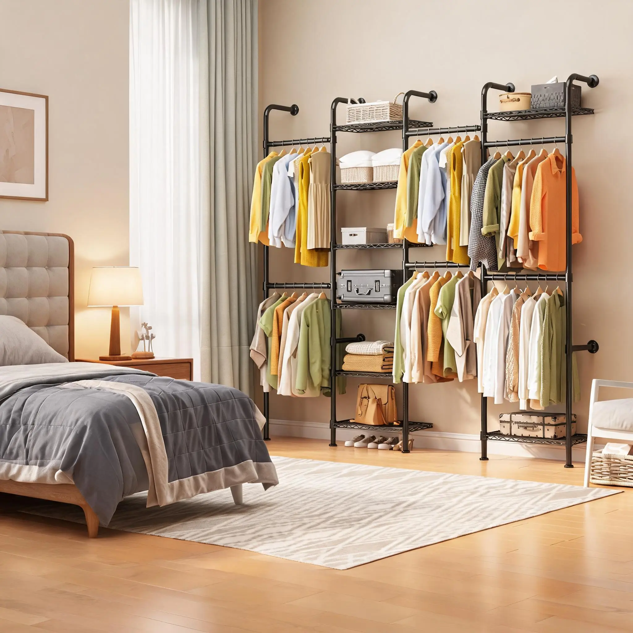 Matte Black L4 Wall Mounted Closet System – Carbon Steel Rack with Expandable Rods & 8 Wire Shelves, Clothes Organizer for Bedroom & Walk-in Closet