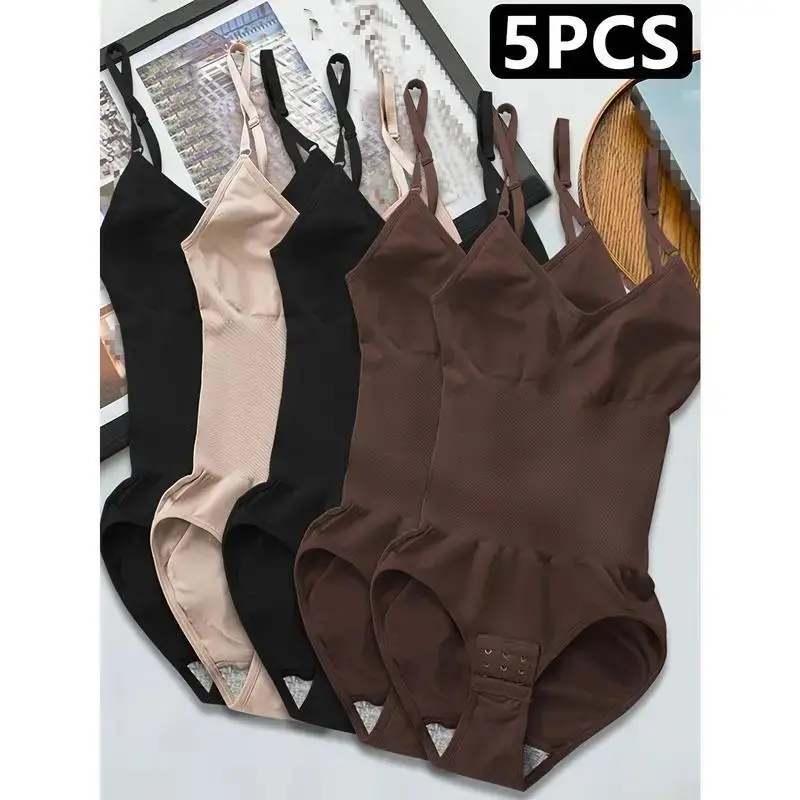 5pcs Women's Seamless Shapewear Bodysuit with Abdominal Compression & Hip Lifting - Tummy Control, No Padding, Stretchy Nylon-Spandex Blend, Black/Brown/White/Beige/Navy Blue, for Travel & Casual Attire, Comfort Undergarment