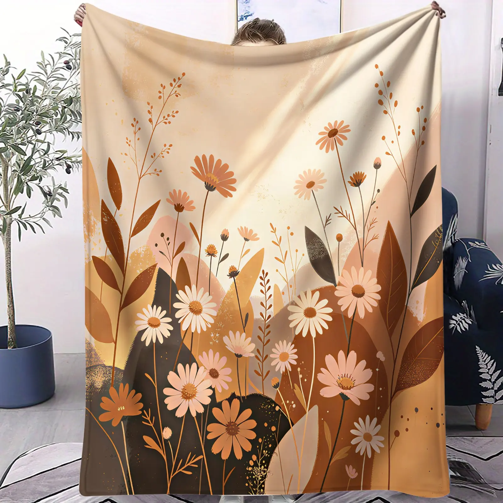 Caramel Brown Autumn Floral Flannel Blanket, Soft Warm Lint-Free, Retro Healing Style Throw for Bed & Sofa