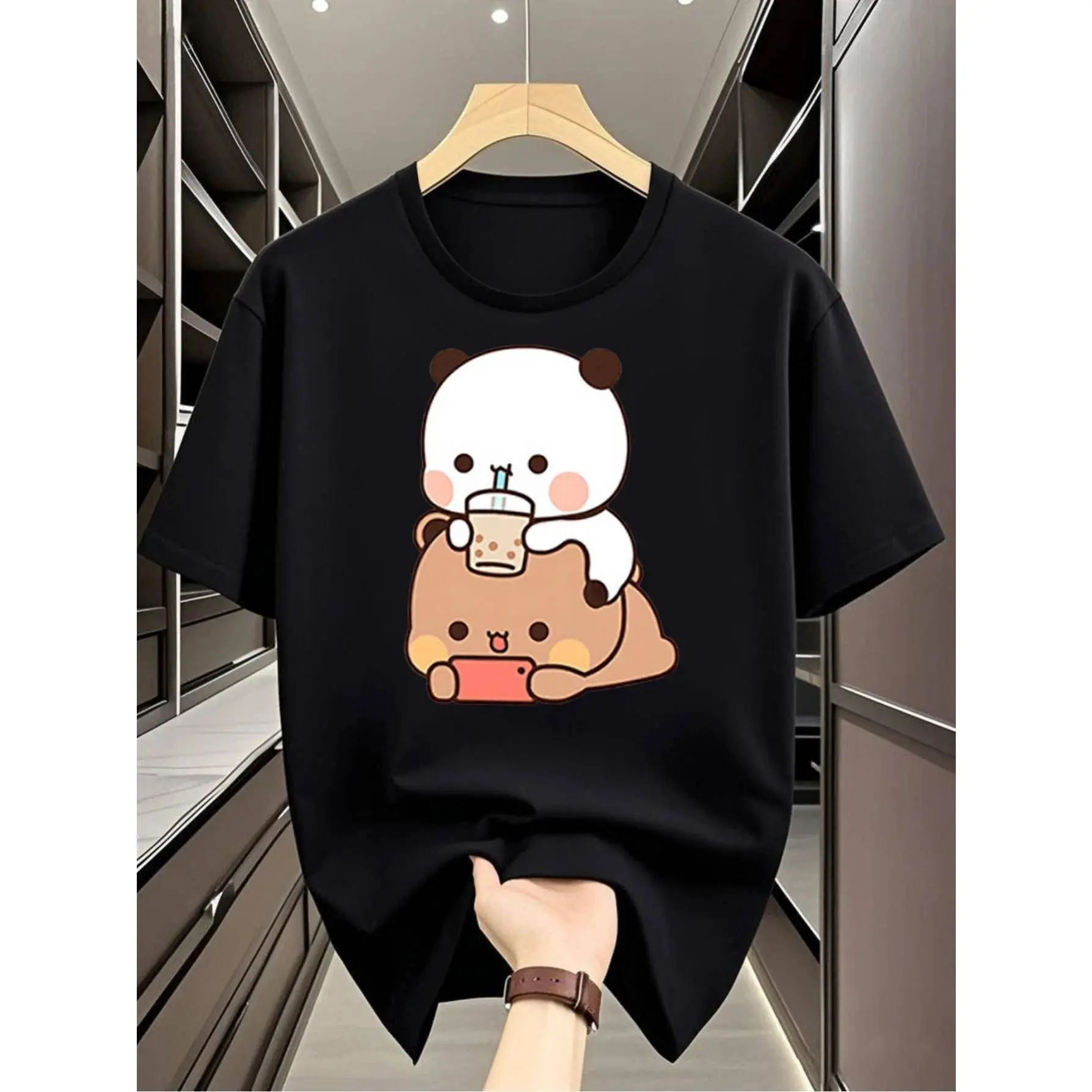 Unisex Minimalist Pure Cotton Short-Sleeve Crew Neck Casual T-Shirt with Kawaii Bubu Dudu Panda Print, All-Season Couple Matching Clothes