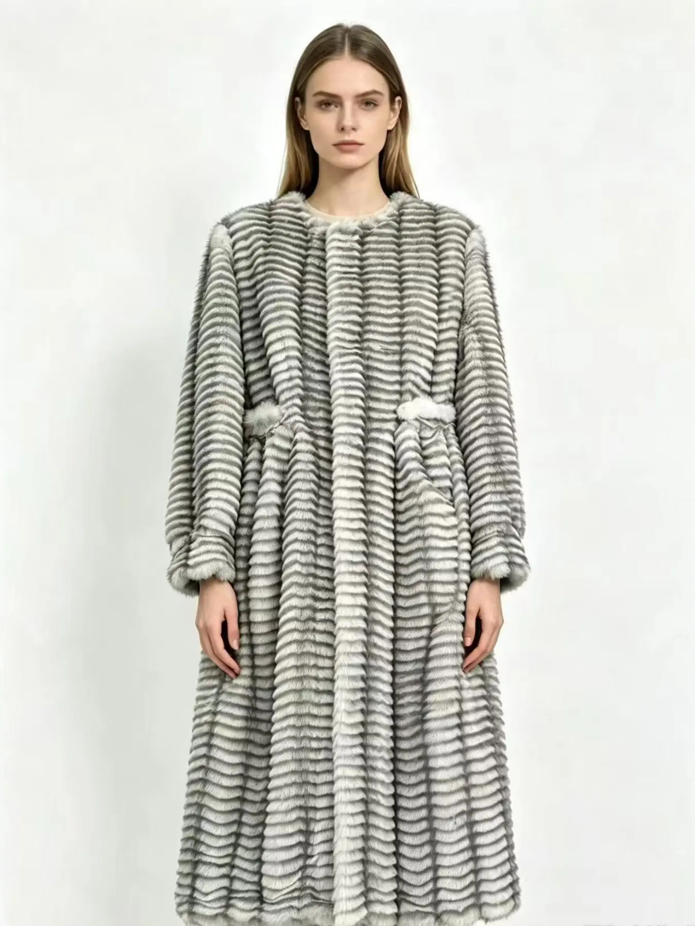 Women's Long Sleeve Patchwork Coat, Casual Loose-Fit Imitation Fur Jacket, Fall Winter Fashion, Contrast Binding Design