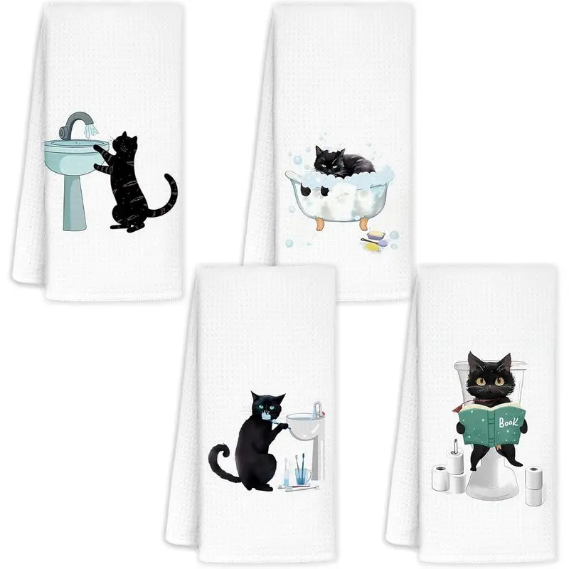 4 Pack Funny Black Cat Bathroom Kitchen Towels 16 x 24 Inches, Cute Cats Washing Hands Bathing Brushing Teeth Reading On Toilet Print, Waffle Weave Absorbent Hand Towels, Cat Lover Bathroom Decor Gift
