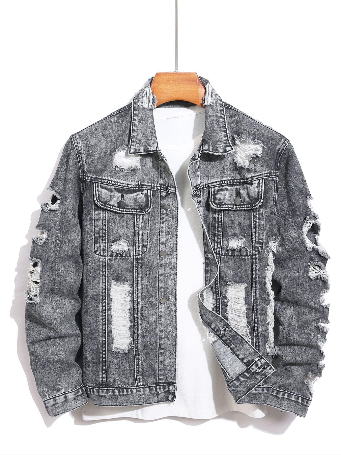 Men's Distressed Ripped Denim Jacket, Denim Jean Jacket, Fashion Comfy Longsleeves Outerwear for Daily Wear, Men's Clothing for All Seasons, Cotton Menswear, Casual Style Outerwear, Casual Fall Jacket, Casual Jacket Coat, Clothe, Vintage Street Wear