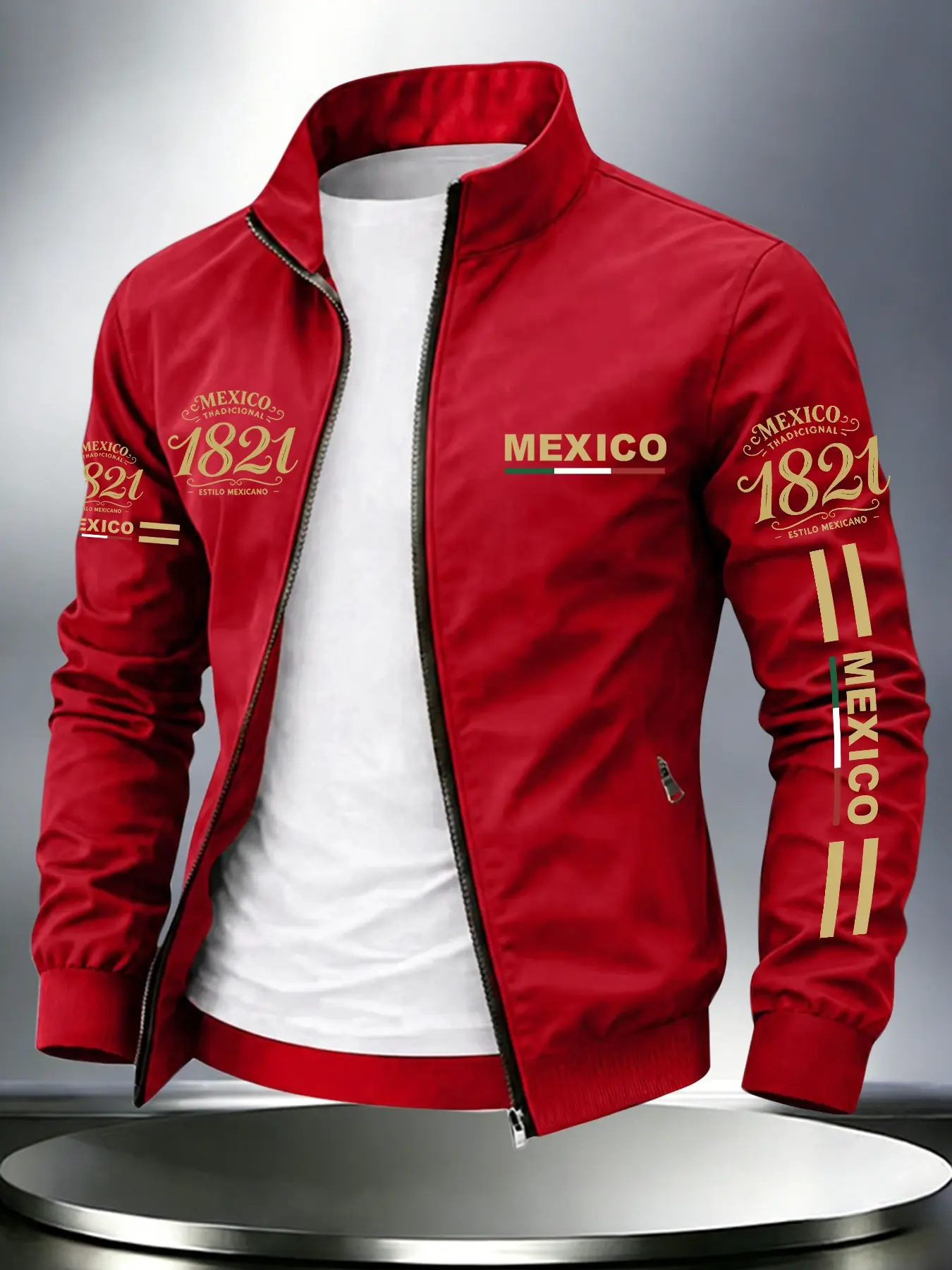 Hot Men Stand Collar Zip Jacket, Vintage Mexico 1821 Vertical Flag Graphic Print On Chest & Sleeve, Cultural Casual Coat For Urban Outdoor Daily Wear