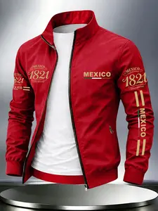 Hot Men Stand Collar Zip Jacket, Vintage Mexico 1821 Vertical Flag Graphic Print On Chest & Sleeve, Cultural Casual Coat For Urban Outdoor Daily Wear