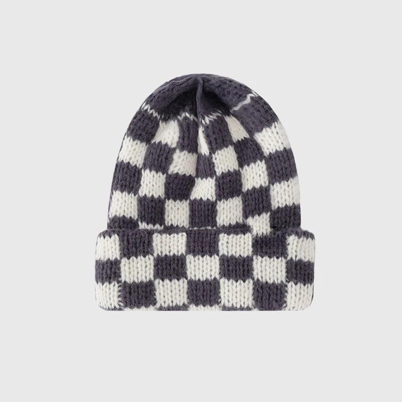 New Japanese Korean Winter Check Plaid Skullies Beanies Knit Hat for Women Ins Luxury Brand Y2k Bonnet Heavy Warm Hat Casual Cap