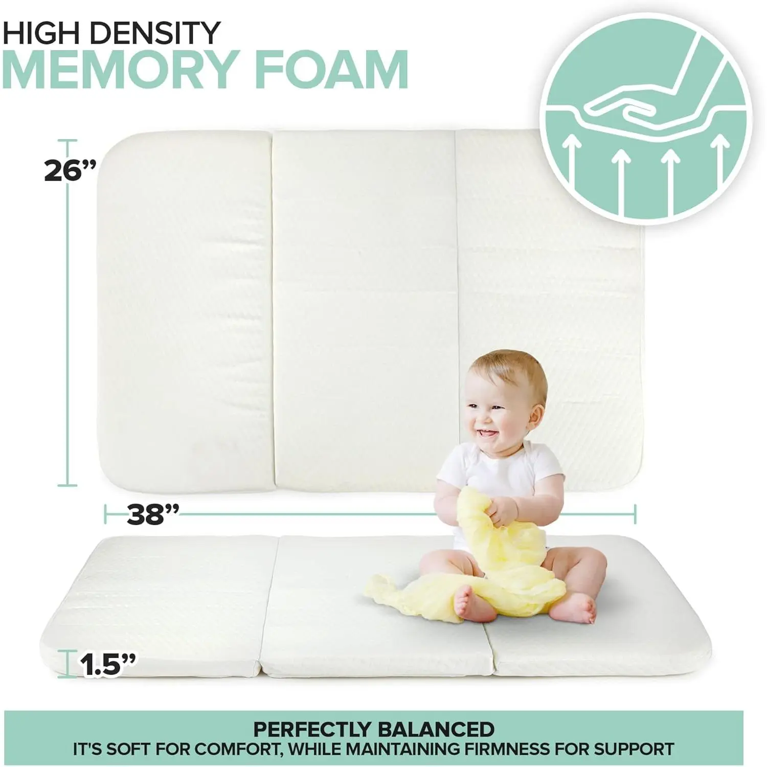 Foldable Travel Pack n Play Mattress Pad with Bag, Waterproof Portable Mini Crib Mattresses, Baby Bed Playpen Memory Foam Topper, Playard Pen Accessories, Traveling Case Included