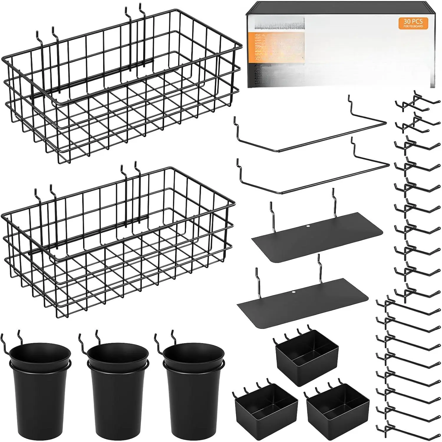 30PCS Peg Board Organizer Accessories Kit with Bins, Cups & Baskets Pegboard Hooks Assortment, Wire Baskets, Paper Towel Holder, 1/8" and 1/4" Pegboard, For Garage Workbench Craft Room