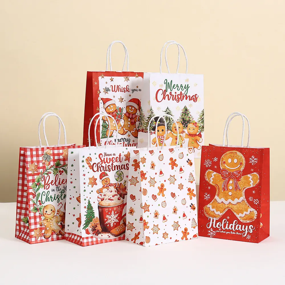Christmas Gift Bags Set of 6, Party Favor Paper Sacks, Printed Shopping Bags with Gingerbread Man Design, Holiday Seasonal Supplies, Gift Wrapping Supplies