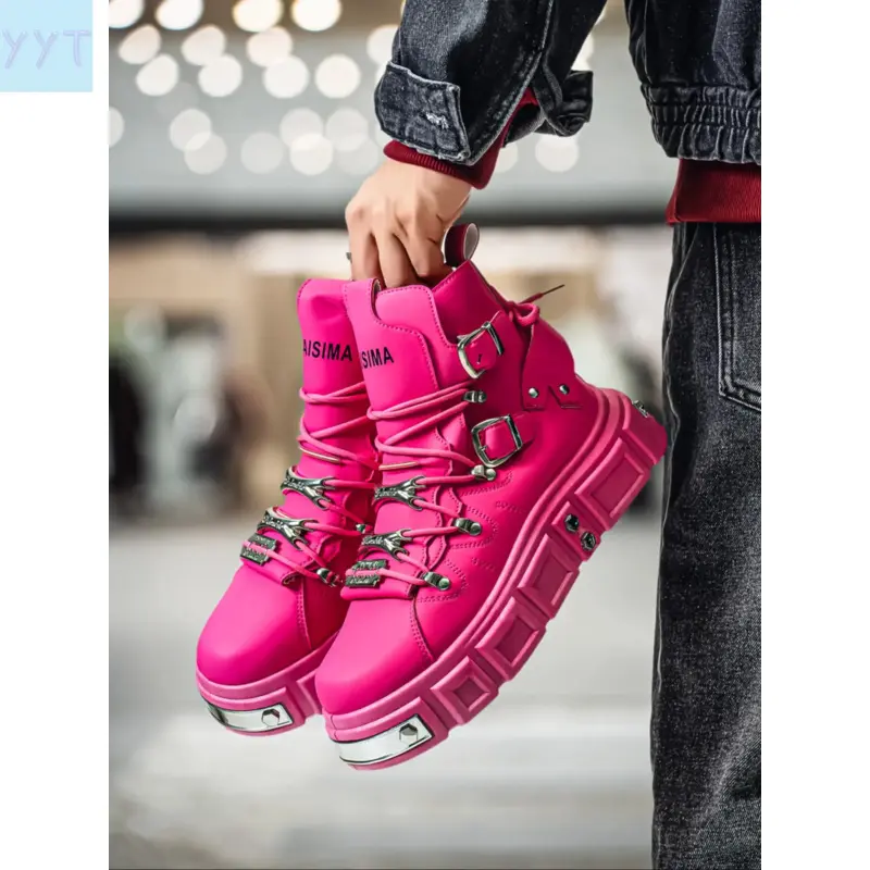 YYT1 Men's Fashion Motorcycle Combat Boots, Top Punk Shoes, Chunky Platform, Anti-Rubber Breathable PU Leather, Fall Winter New Style, Suitable Daily Wear